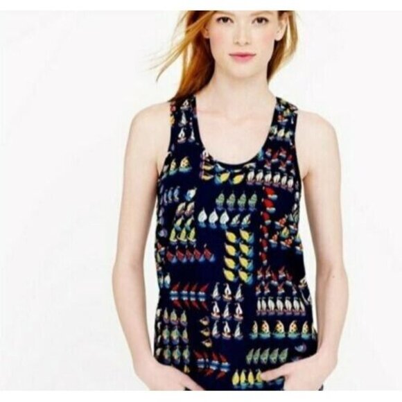 J Crew Tank Top Womens Size 0 Sailboat Print Cotton Sleeveless Navy Blue Multi - Picture 1 of 5